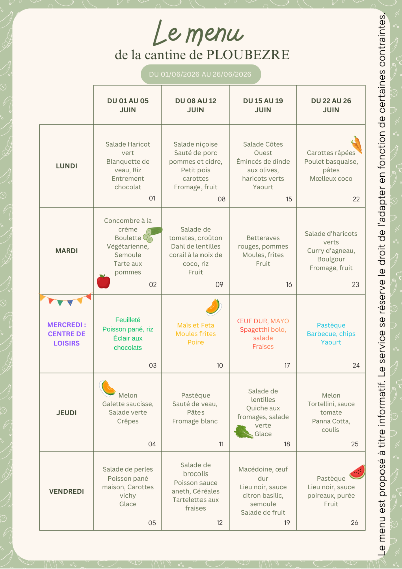 Le Menu de la cantine pour le mois de juin